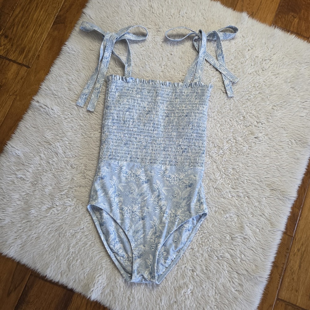 Minnow x Tuckernuck One Piece Swim Suit Women's Small Blue Toile Smocked - Picture 2 of 10